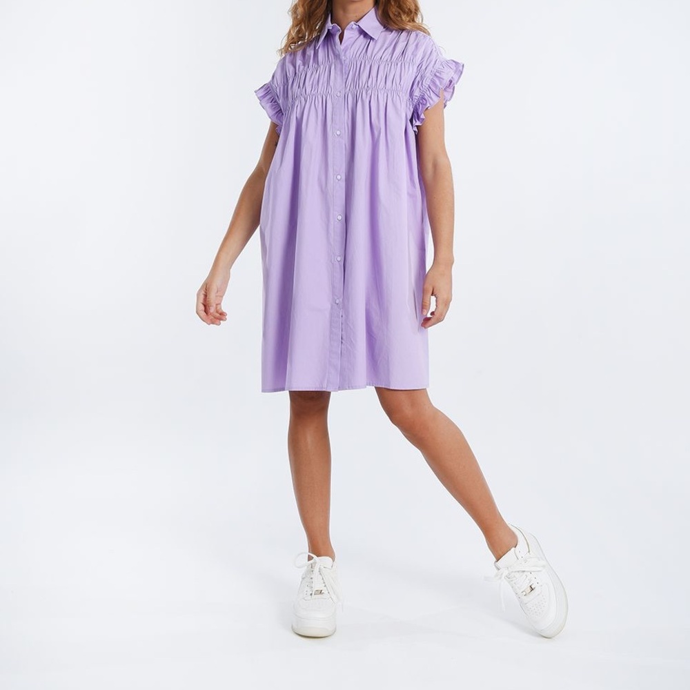 NWT Molly Bracken Gathered Lilac Shirt Dress